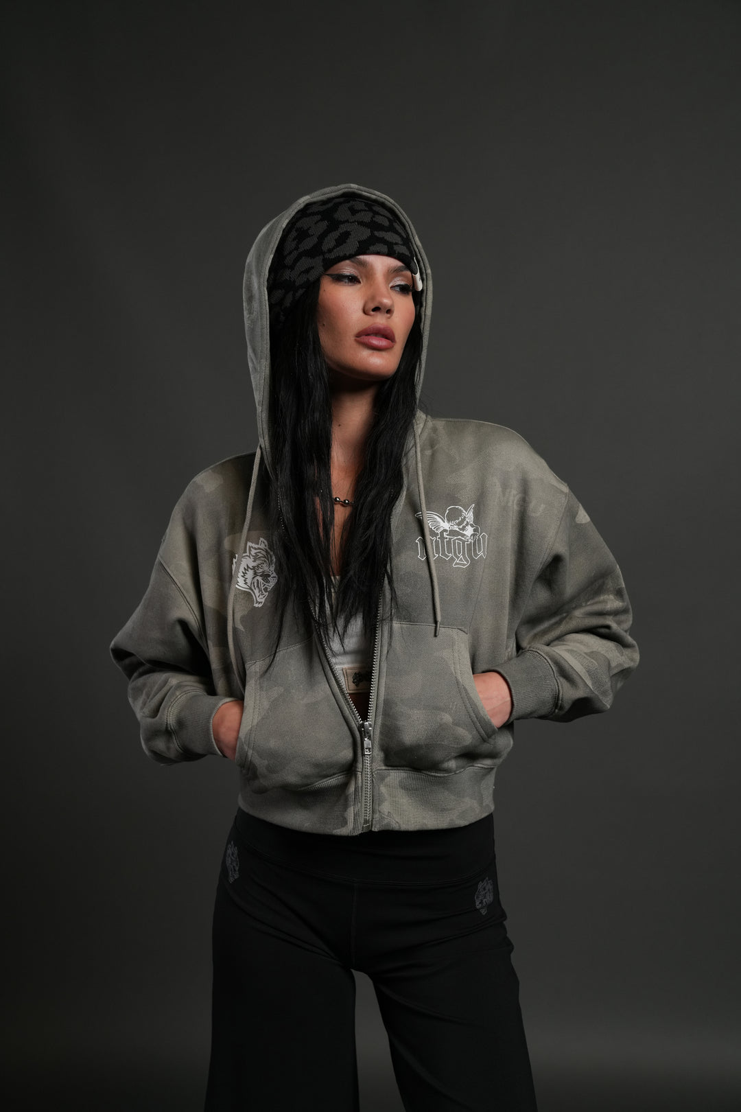 Cherub NFGU "Sage" Cropped Zip Hoodie in Lush Vintage Woodland Camo