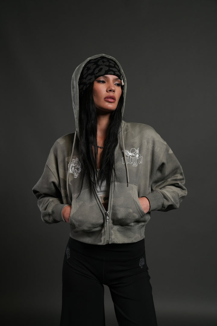 Cherub NFGU "Sage" Cropped Zip Hoodie in Lush Vintage Woodland Camo
