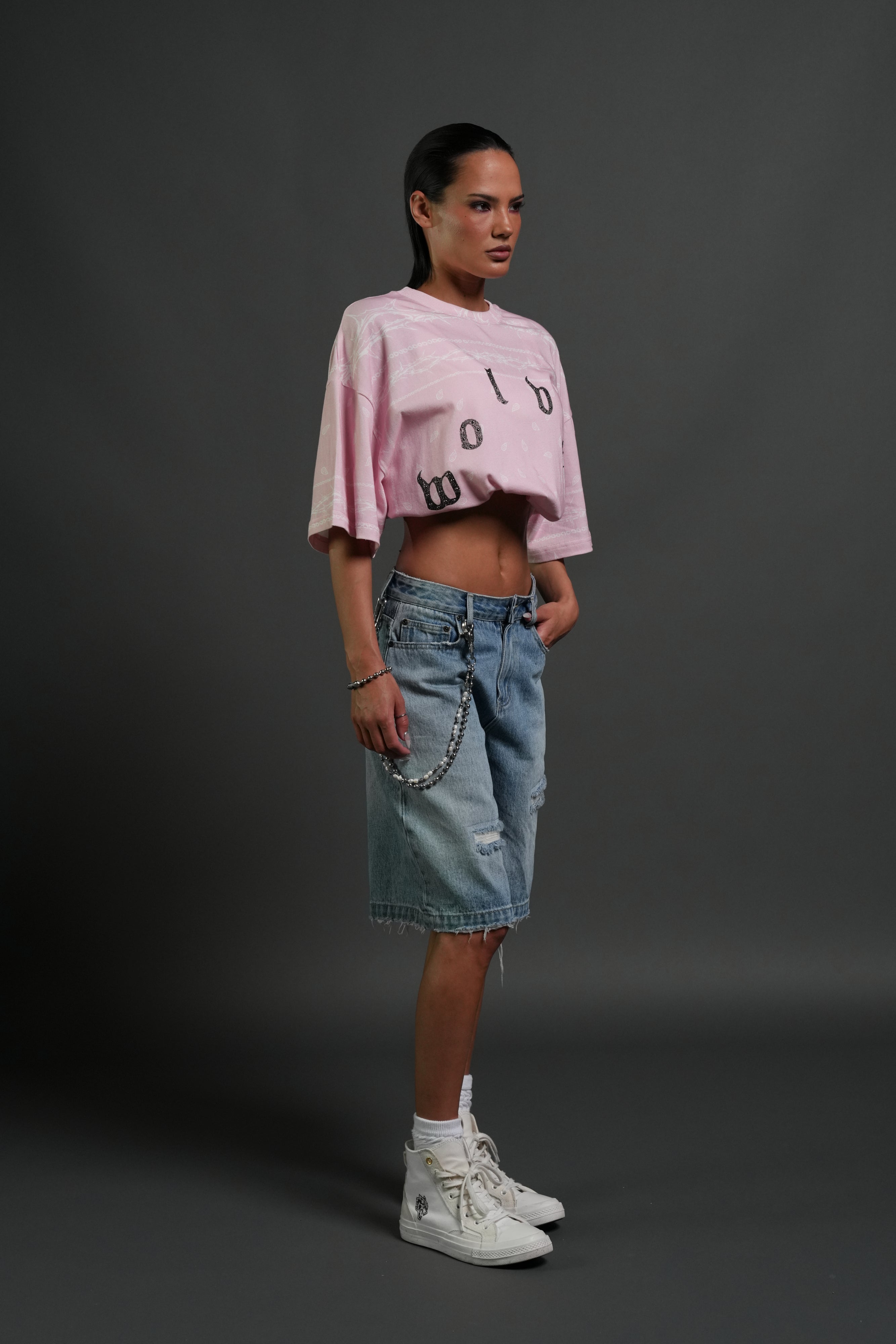 Studded Wolves Pyramid Premium Oversized Tee in Blush Pink Thorn Paisley