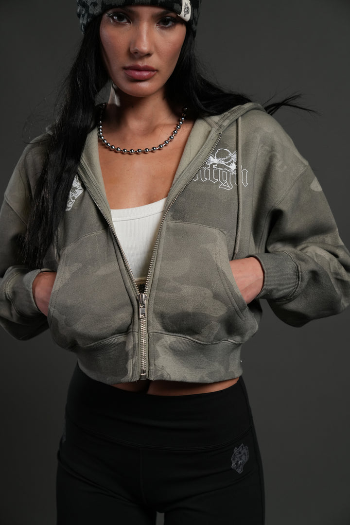 Cherub NFGU "Sage" Cropped Zip Hoodie in Lush Vintage Woodland Camo