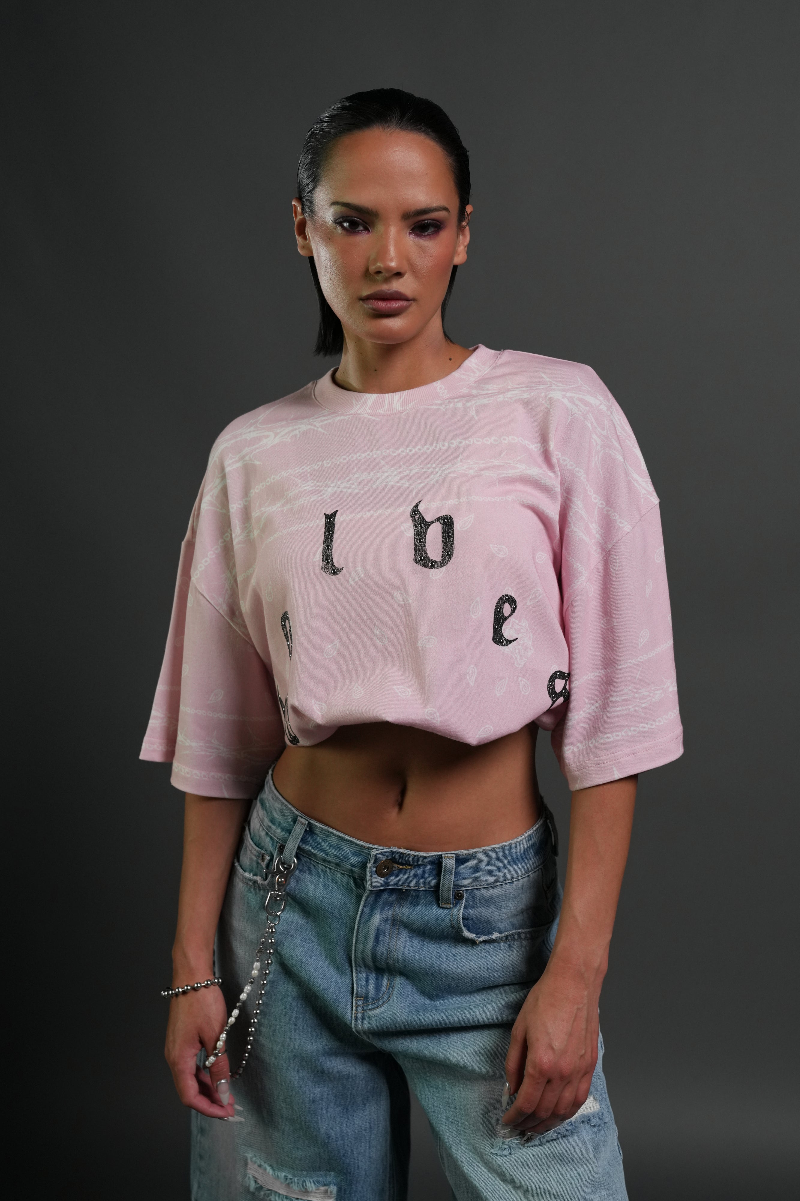 Studded Wolves Pyramid Premium Oversized Tee in Blush Pink Thorn Paisley