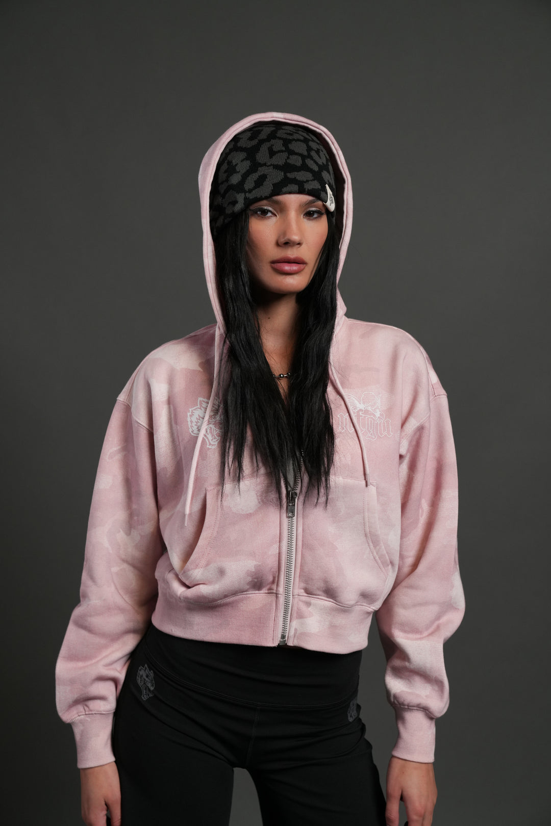 Cherub NFGU "Sage" Cropped Zip Hoodie in Blush Vintage Woodland Camo