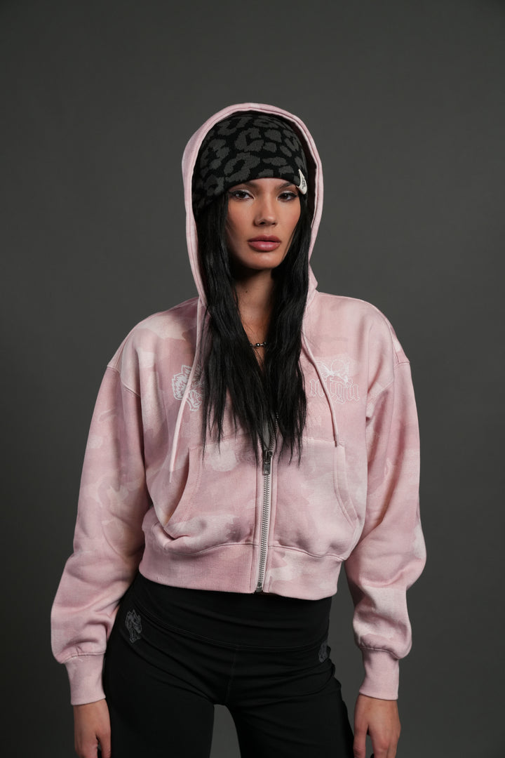 Cherub NFGU "Sage" Cropped Zip Hoodie in Blush Vintage Woodland Camo