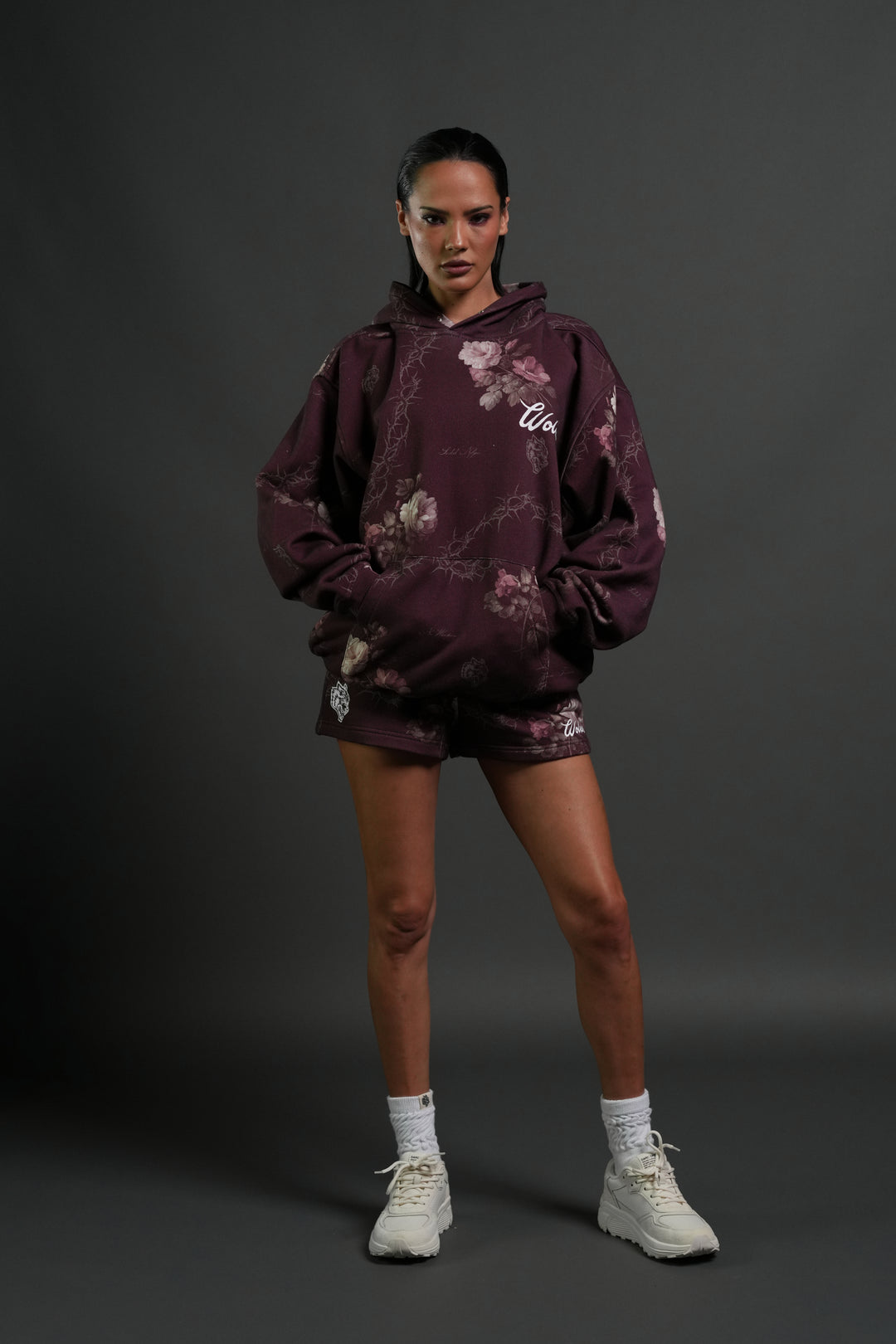 Wolves Script "Pierce" Hoodie in Cherry Wine Rose Thorn