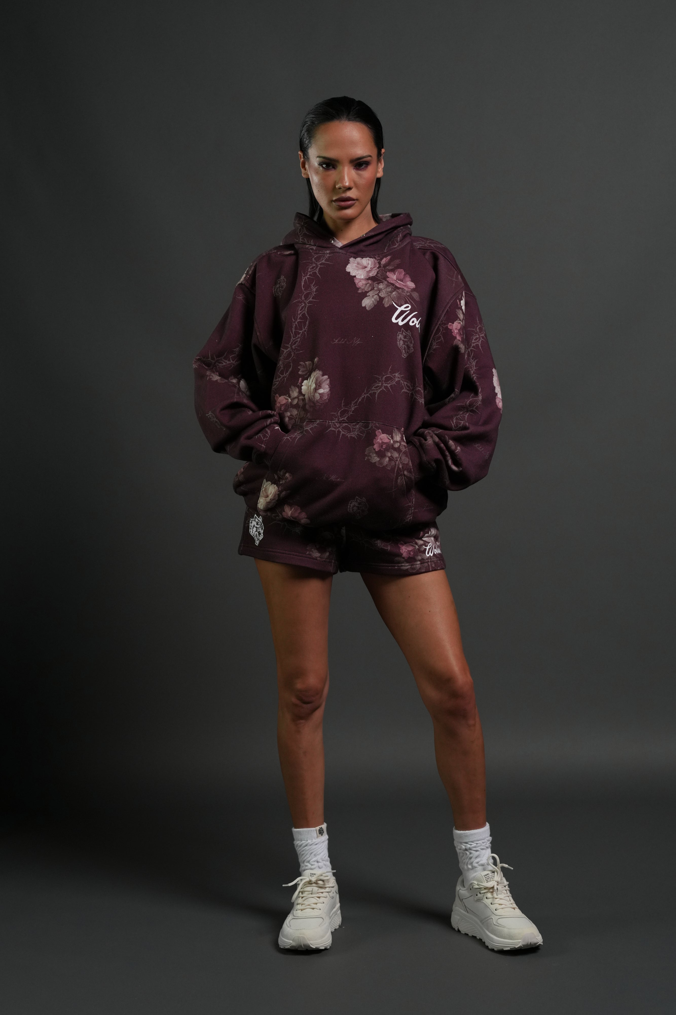 Wolves Script "Pierce" Hoodie in Cherry Wine Rose Thorn