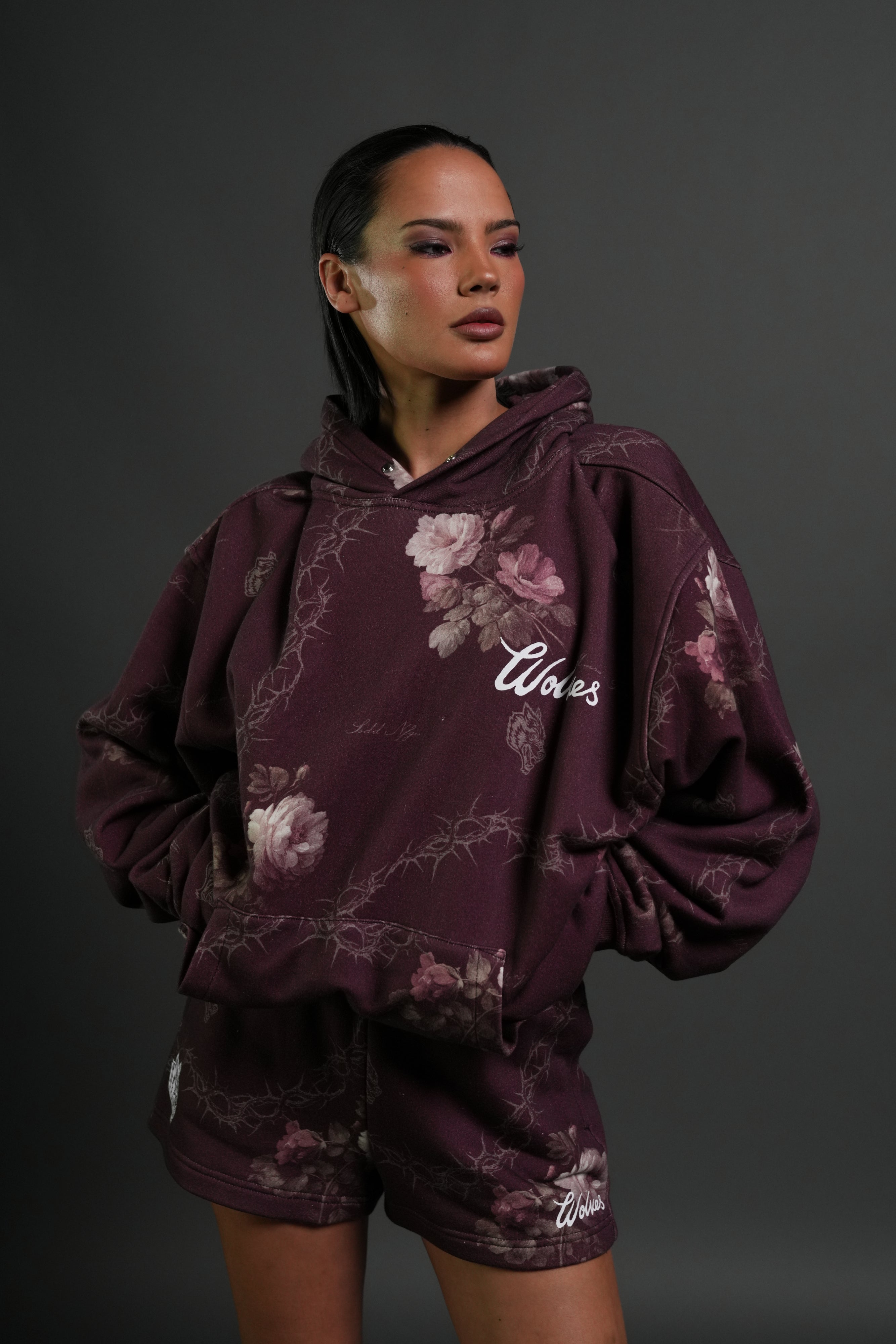 Wolves Script "Pierce" Hoodie in Cherry Wine Rose Thorn