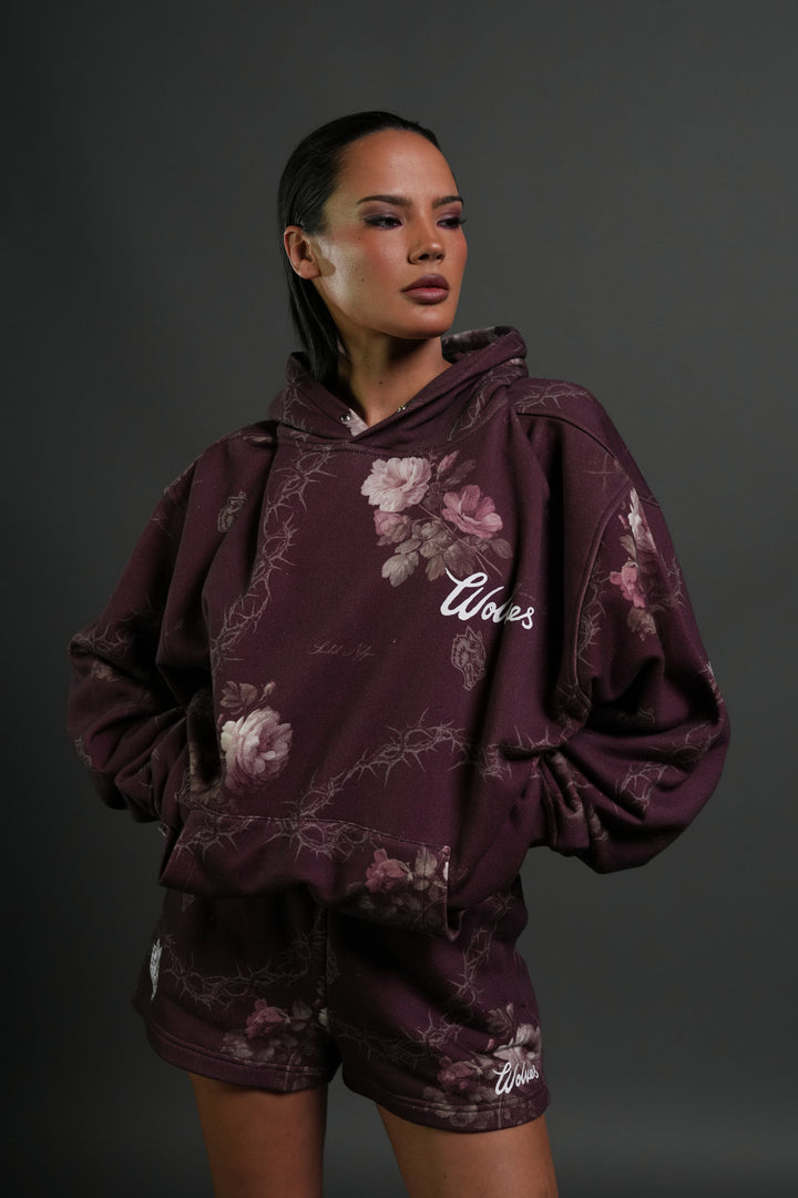 Wolves Script "Pierce" Hoodie in Cherry Wine Rose Thorn