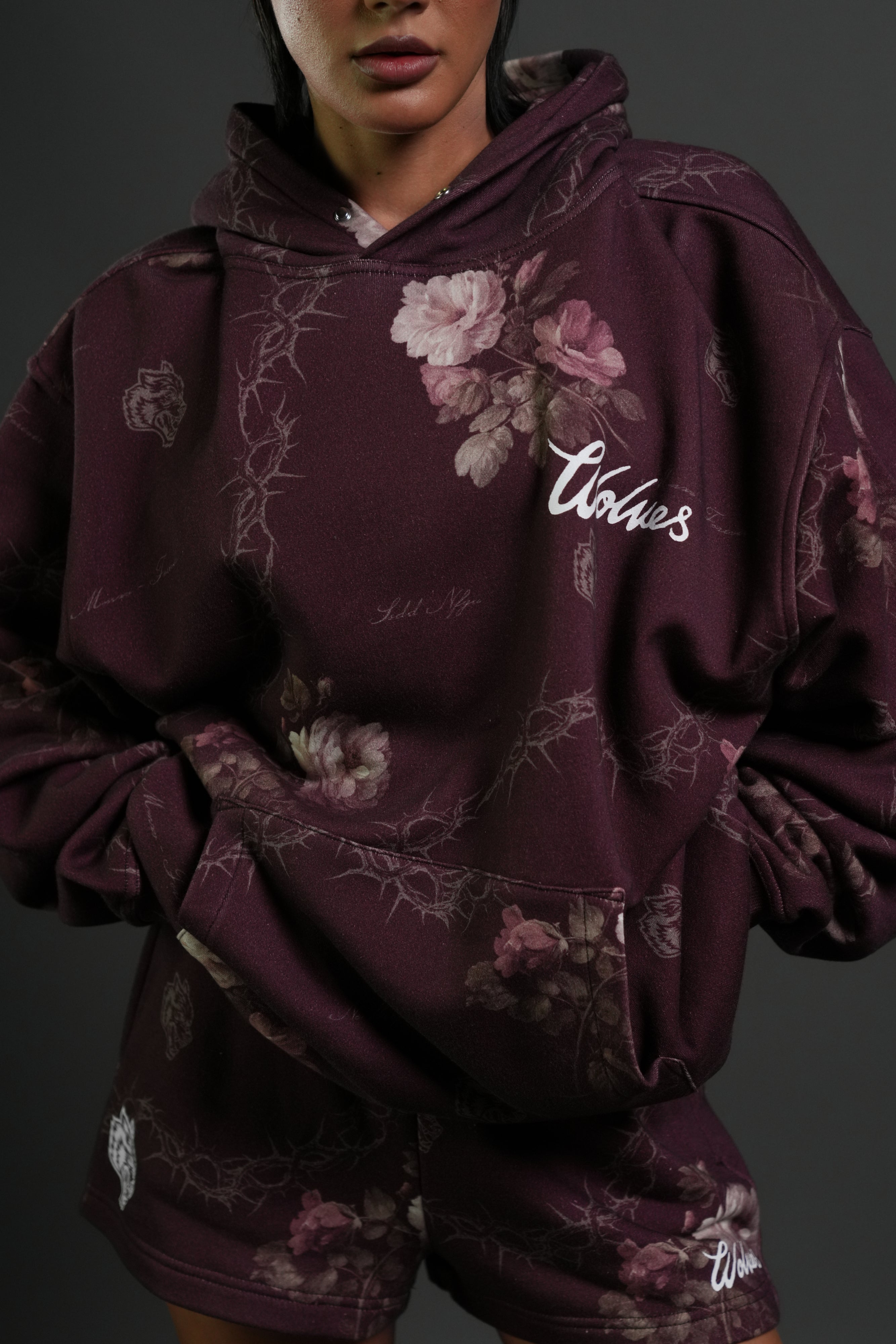 Wolves Script "Pierce" Hoodie in Cherry Wine Rose Thorn