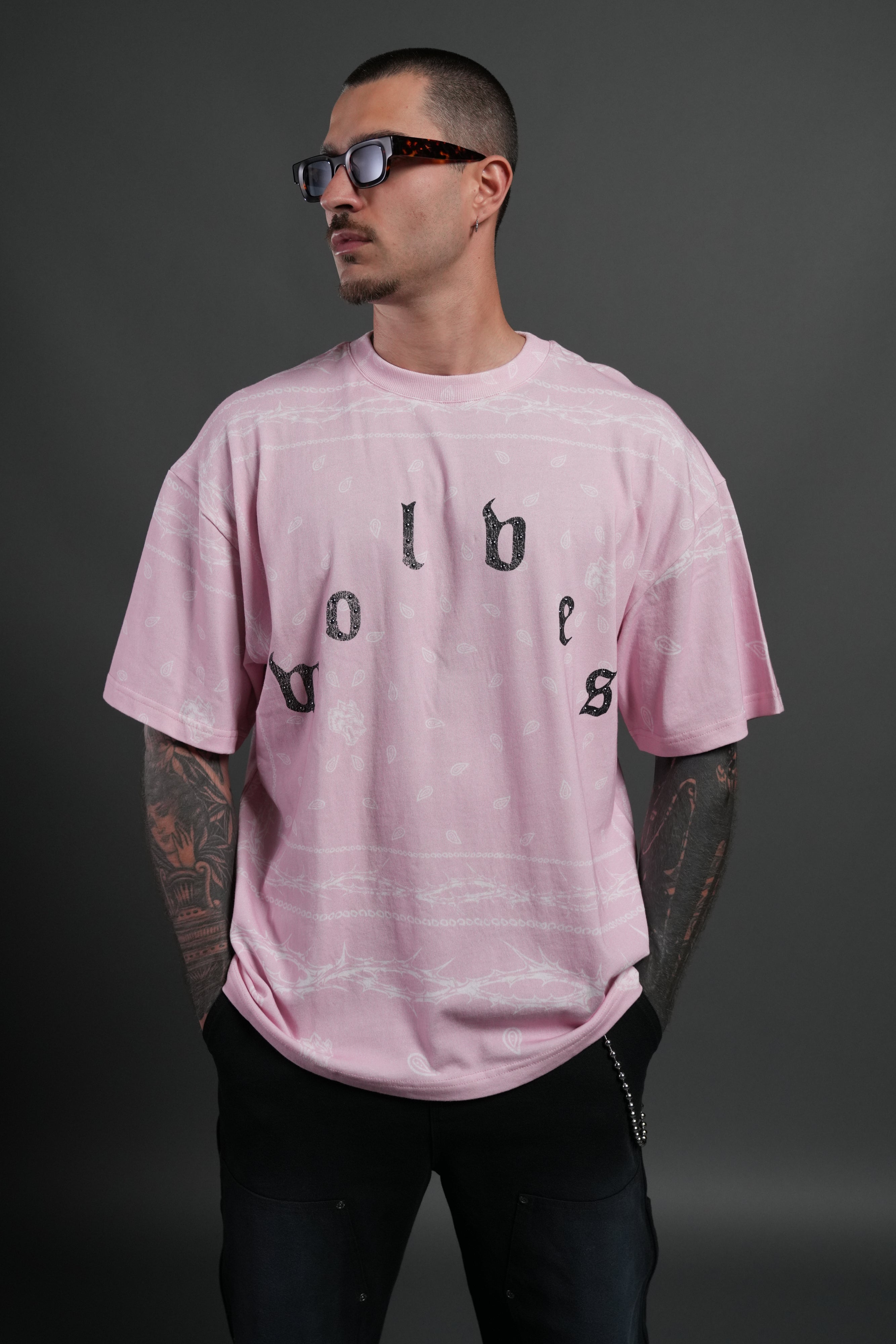 Studded Wolves Pyramid Premium Oversized Tee in Blush Pink Thorn Paisley