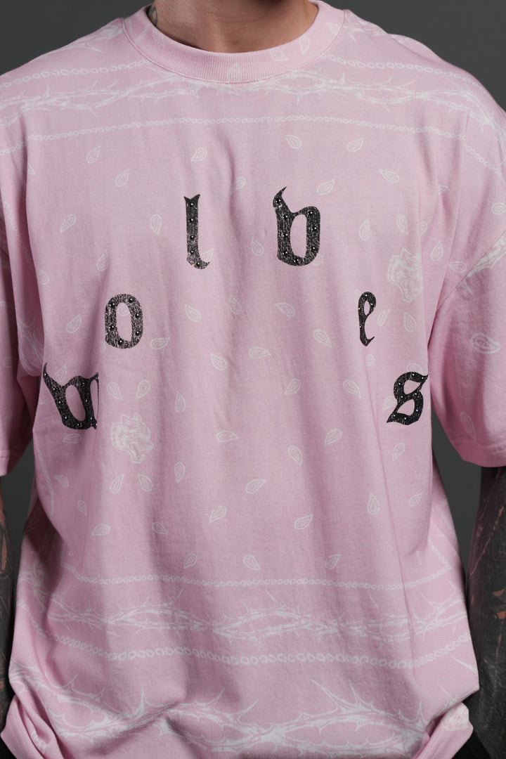 Studded Wolves Pyramid Premium Oversized Tee in Blush Pink Thorn Paisley