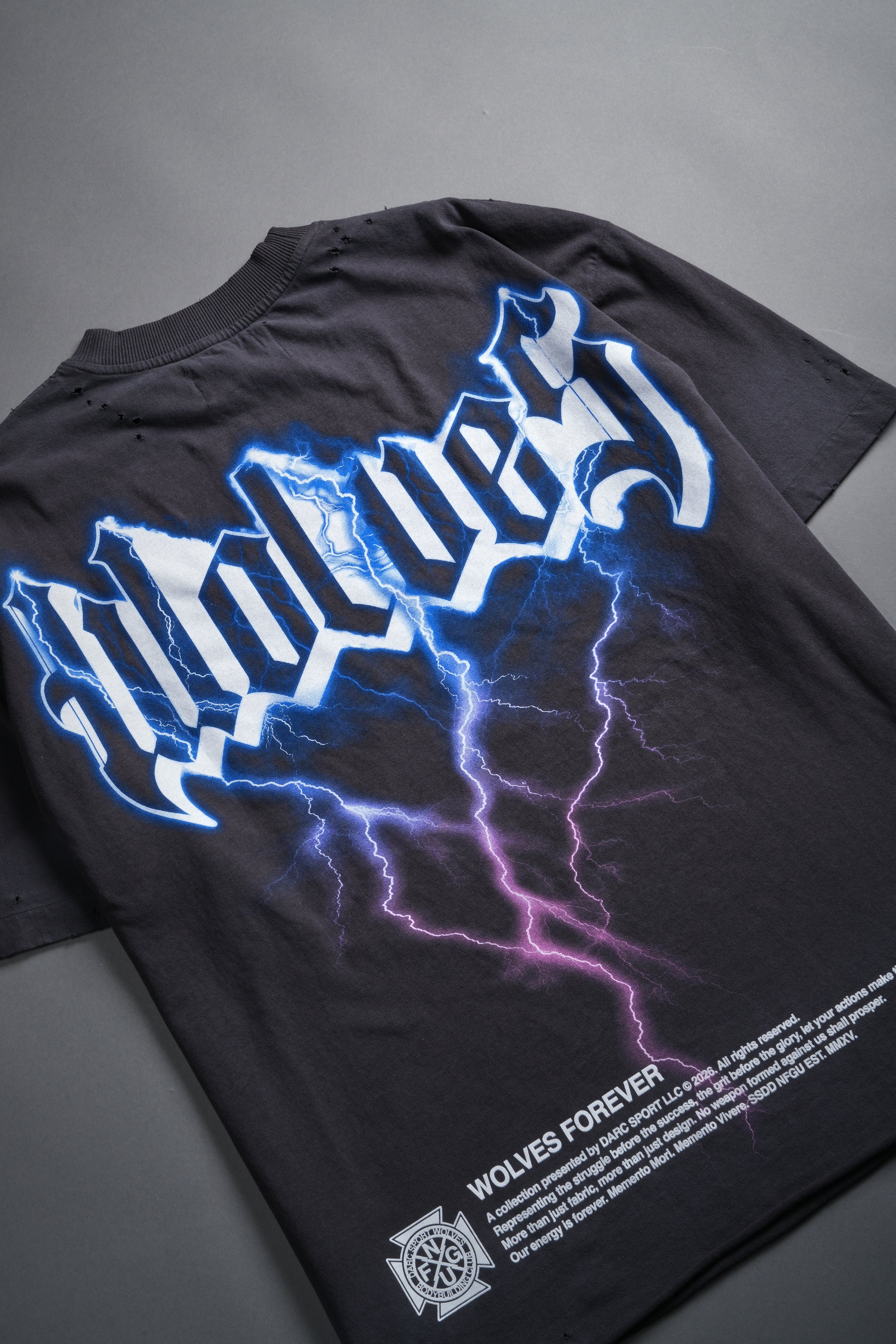 Wolves Lightning Distressed Grunge Tee in Wolf Gray Drift Wash