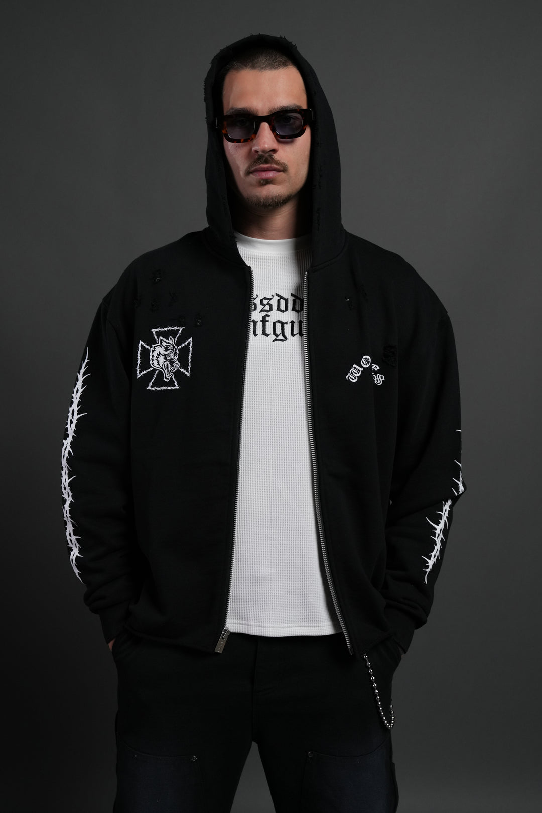 Ascend Distressed Grunge Mid Length Raw Hem Zip Hoodie in Black