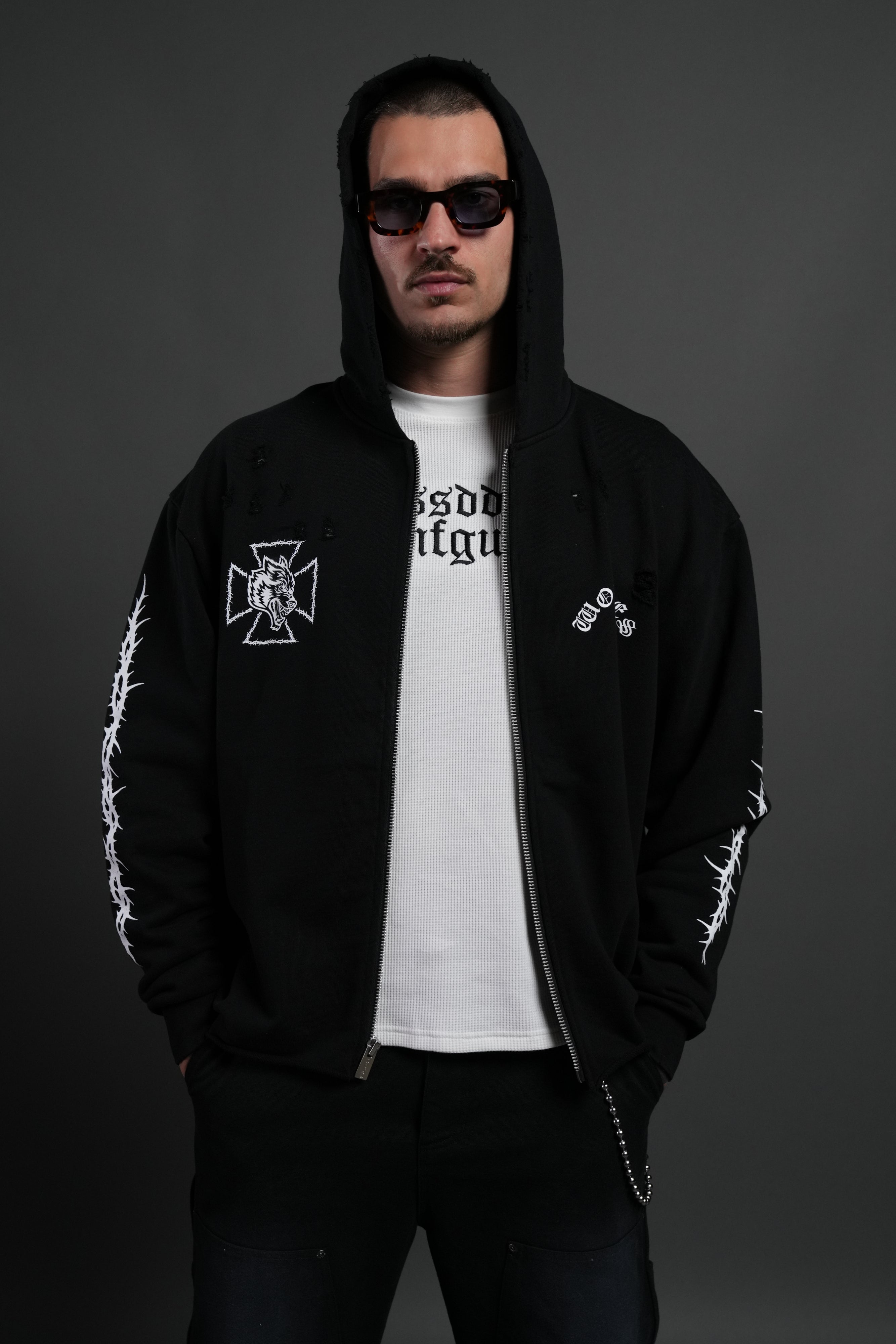 Ascend Distressed Grunge Mid Length Raw Hem Zip Hoodie in Black