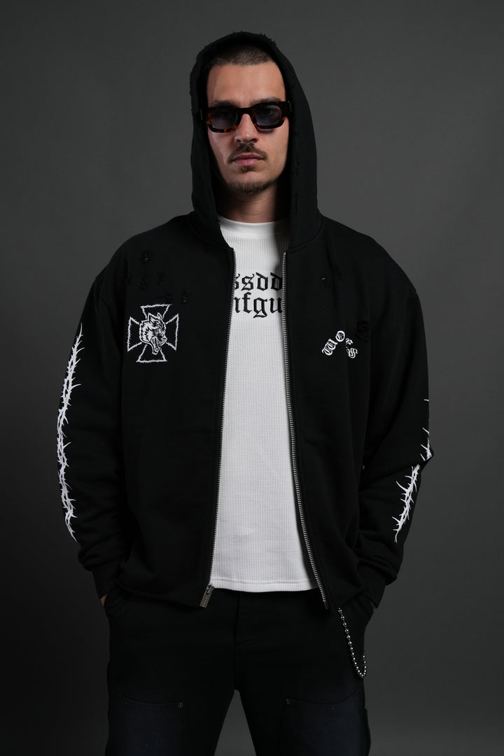 Ascend Distressed Grunge Mid Length Raw Hem Zip Hoodie in Black