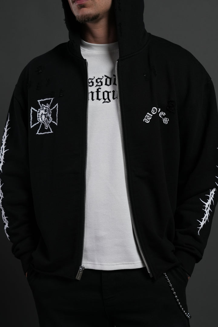 Ascend Distressed Grunge Mid Length Raw Hem Zip Hoodie in Black