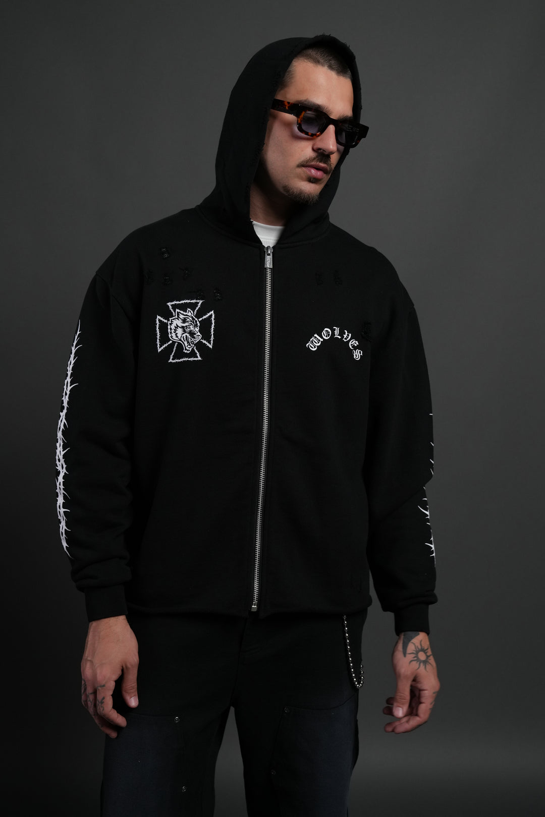 Ascend Distressed Grunge Mid Length Raw Hem Zip Hoodie in Black