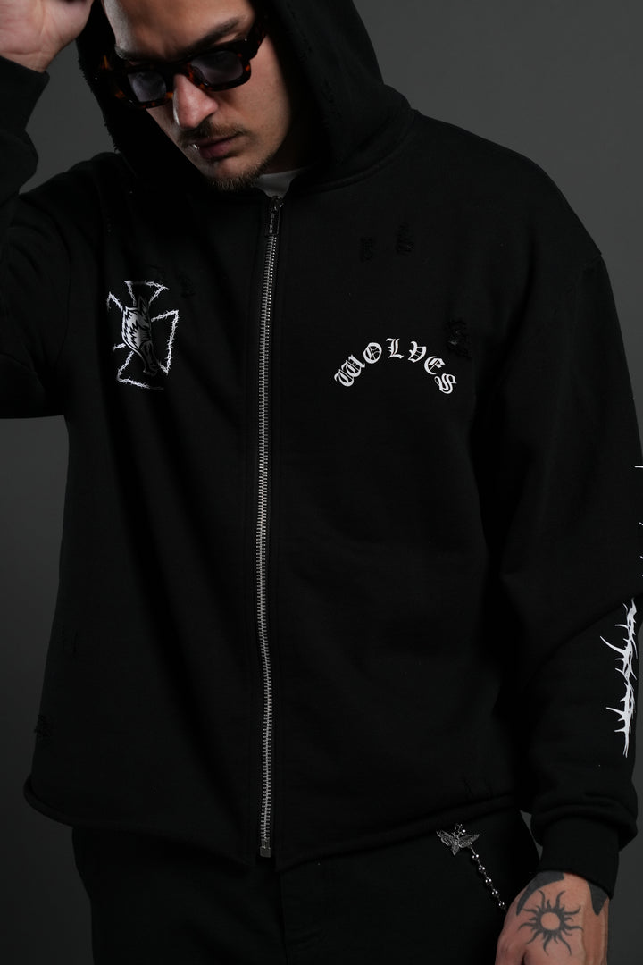 Ascend Distressed Grunge Mid Length Raw Hem Zip Hoodie in Black