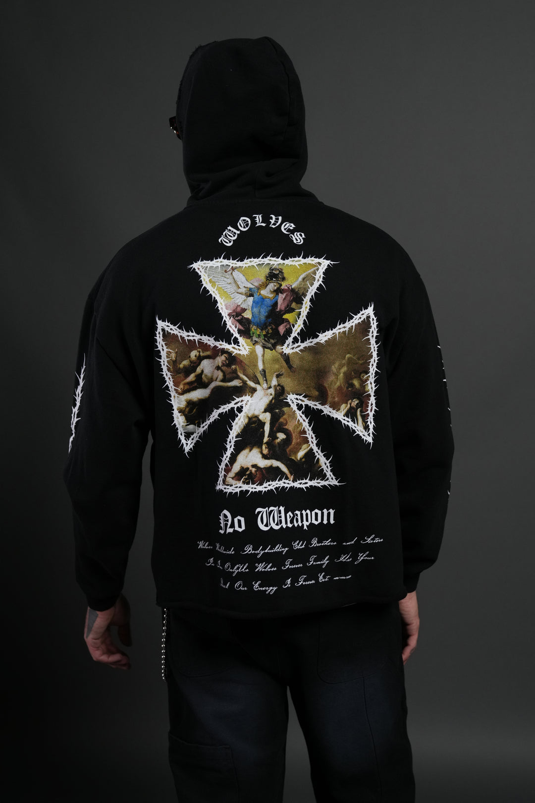 Ascend Distressed Grunge Mid Length Raw Hem Zip Hoodie in Black