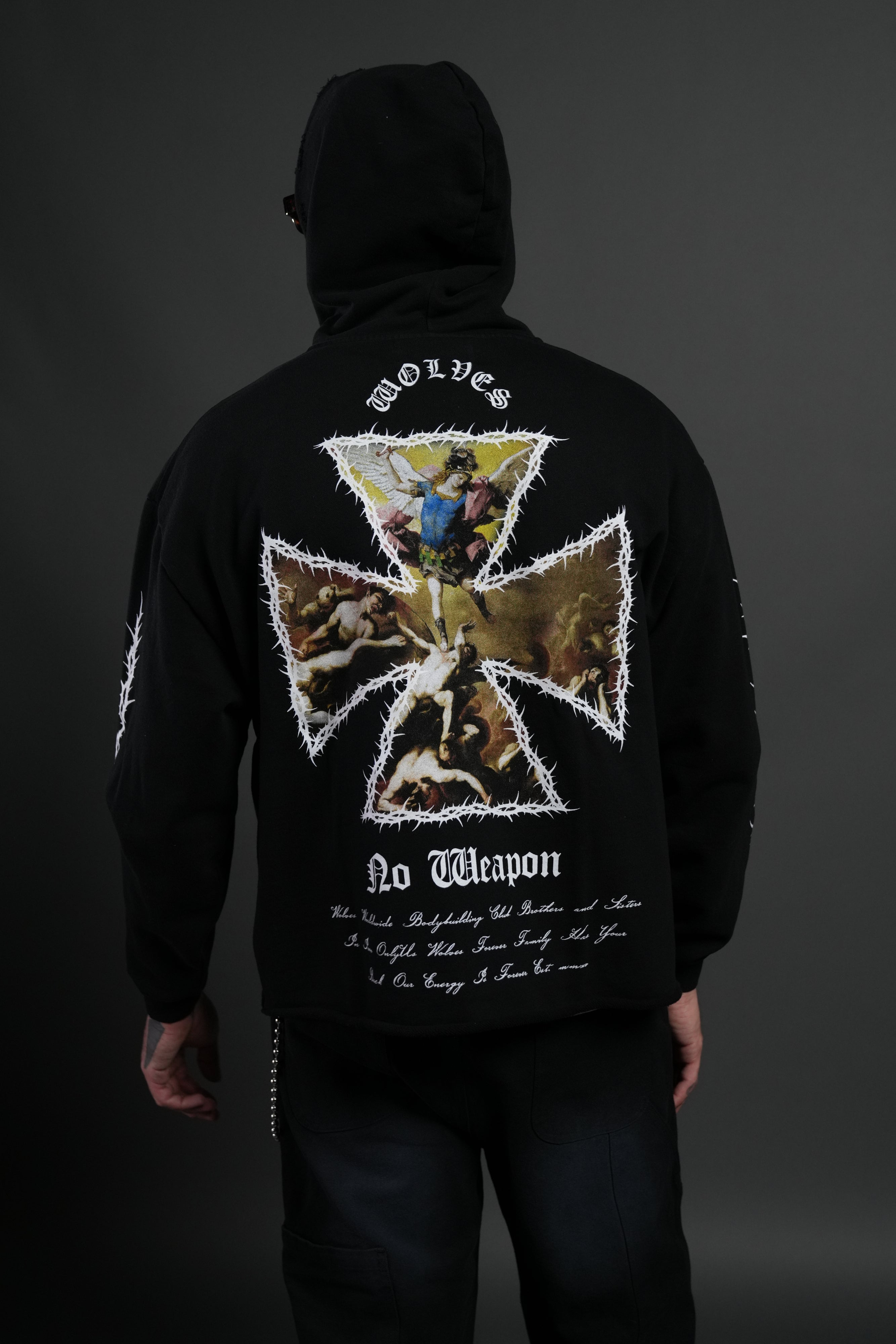 Ascend Distressed Grunge Mid Length Raw Hem Zip Hoodie in Black