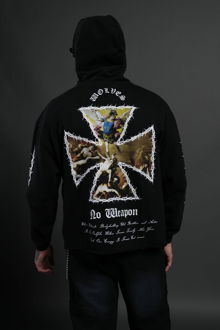 Ascend Distressed Grunge Mid Length Raw Hem Zip Hoodie in Black