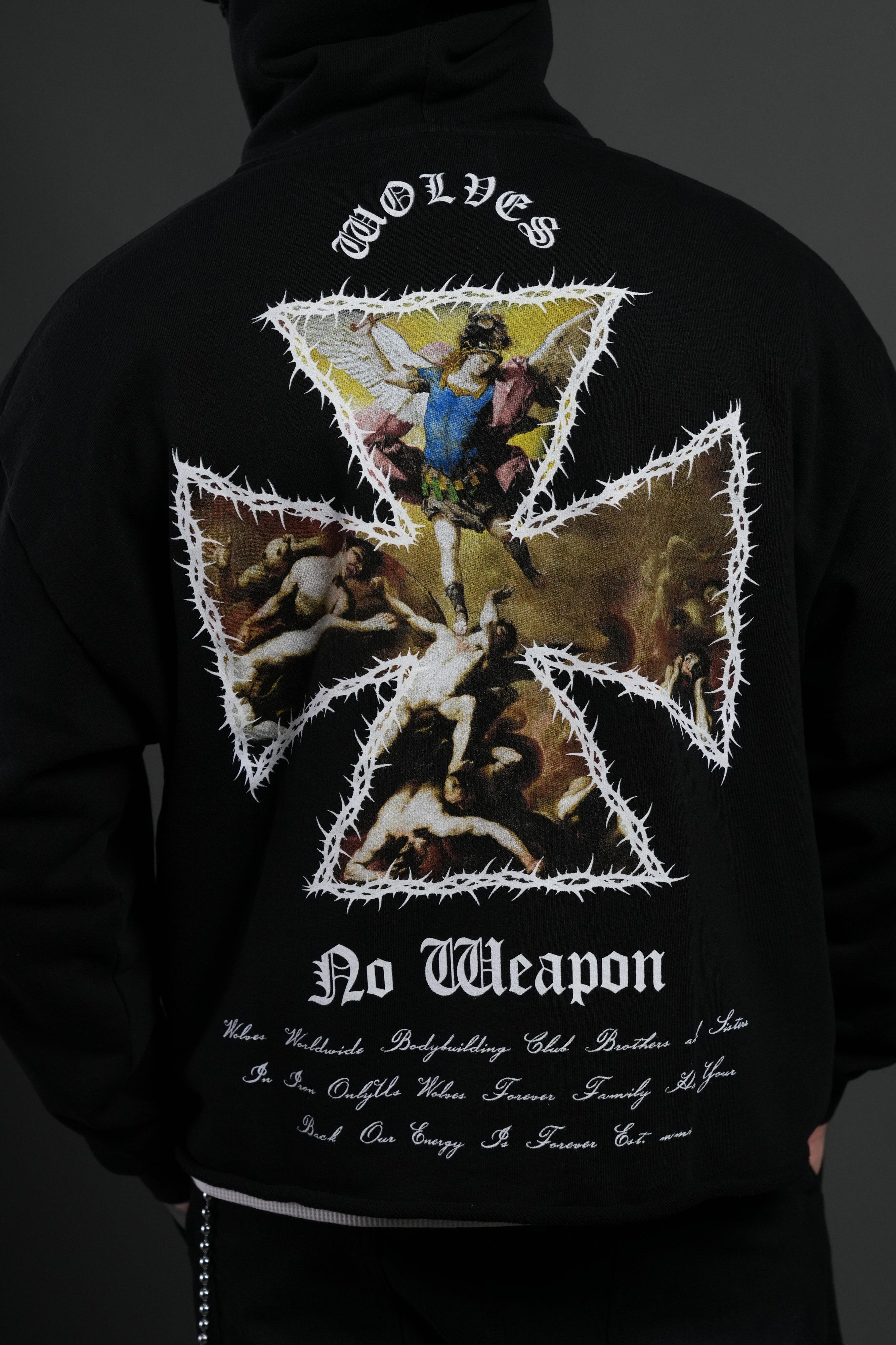 Ascend Distressed Grunge Mid Length Raw Hem Zip Hoodie in Black