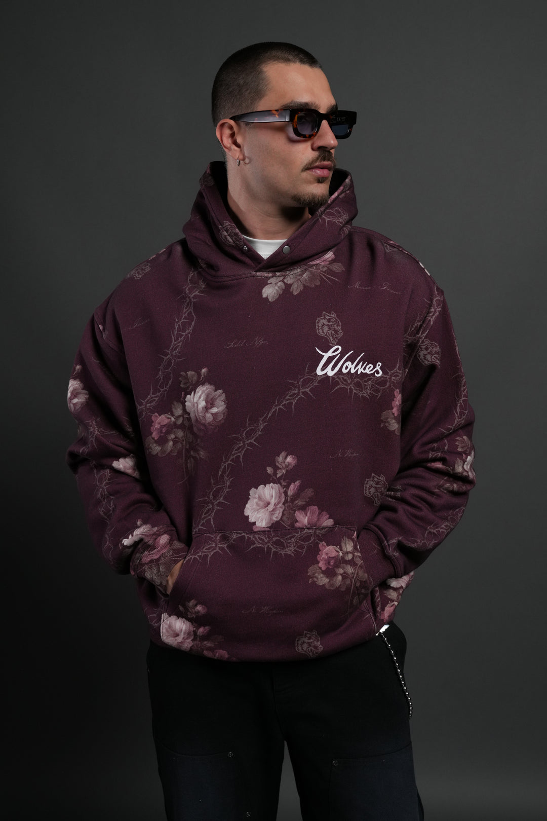 Wolves Script "Pierce" Hoodie in Cherry Wine Rose Thorn