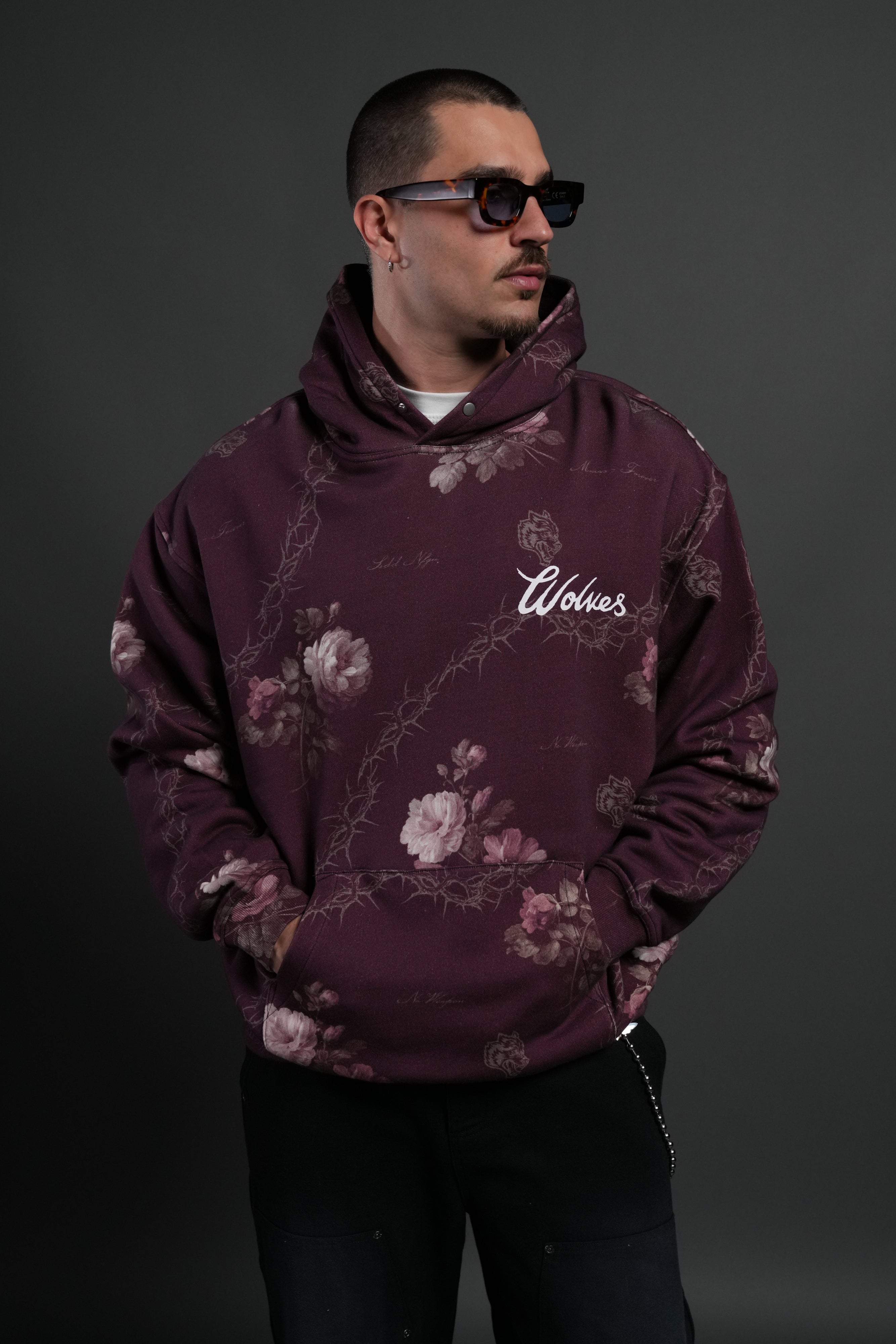 Wolves Script "Pierce" Hoodie in Cherry Wine Rose Thorn