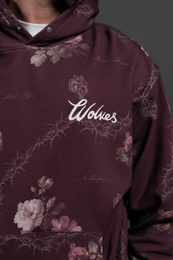 Wolves Script "Pierce" Hoodie in Cherry Wine Rose Thorn