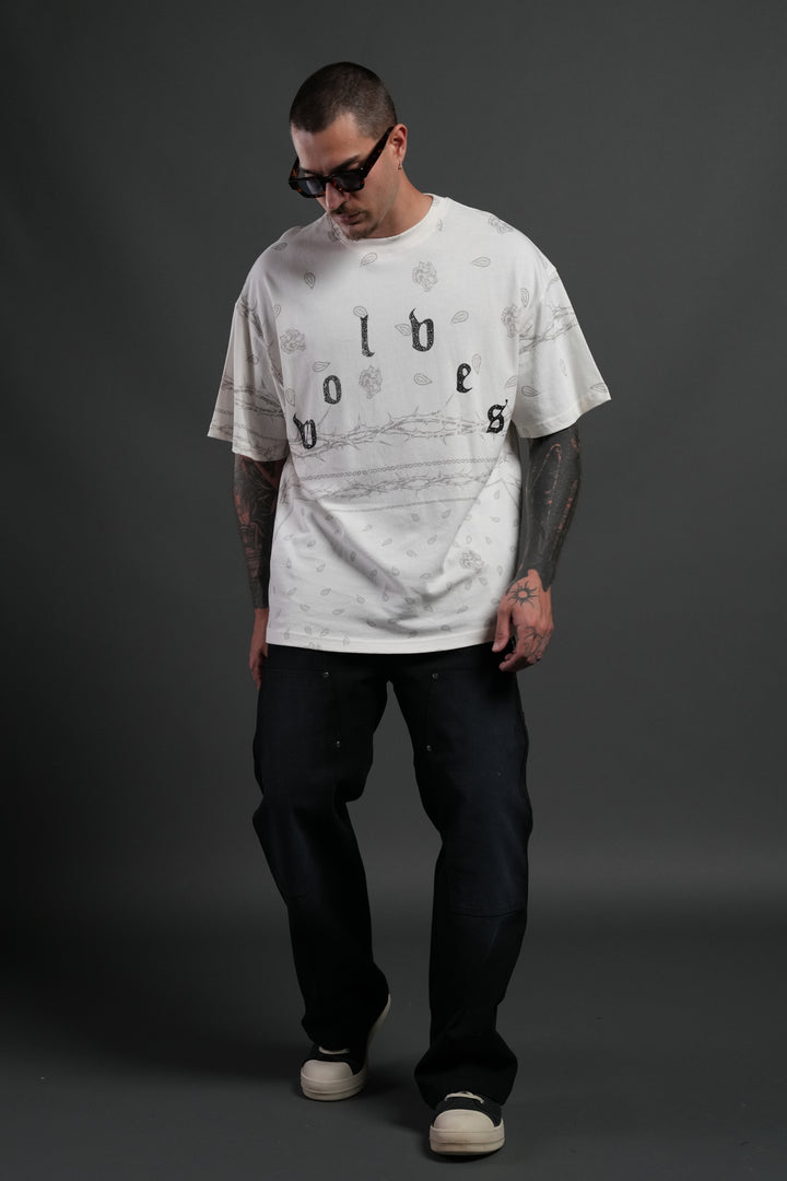 Studded Wolves Pyramid Premium Oversized Tee in Cream Thorn Paisley