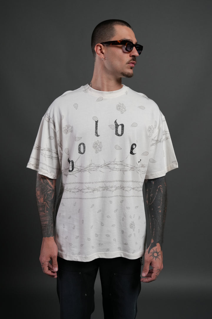 Studded Wolves Pyramid Premium Oversized Tee in Cream Thorn Paisley