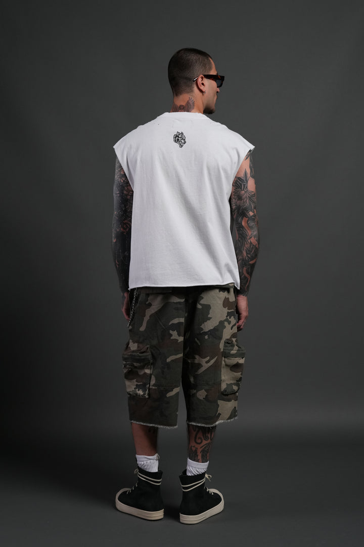 Hell is Real Distressed Grunge Mid-Length Raw Hem Muscle Tee in White