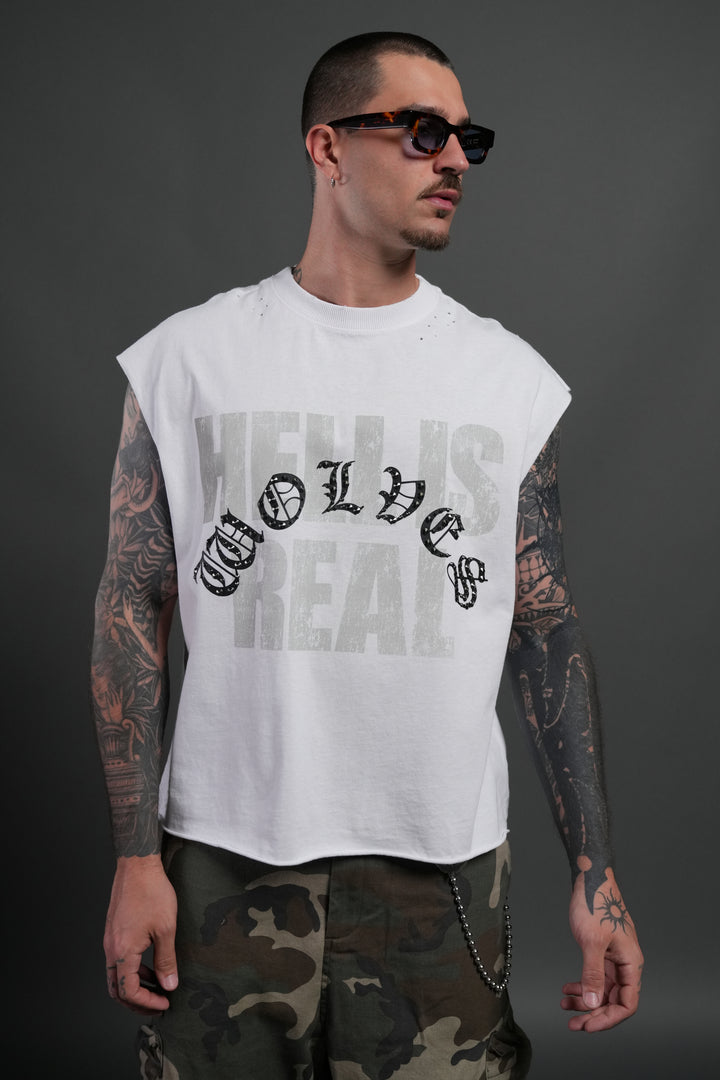 Hell is Real Distressed Grunge Mid-Length Raw Hem Muscle Tee in White
