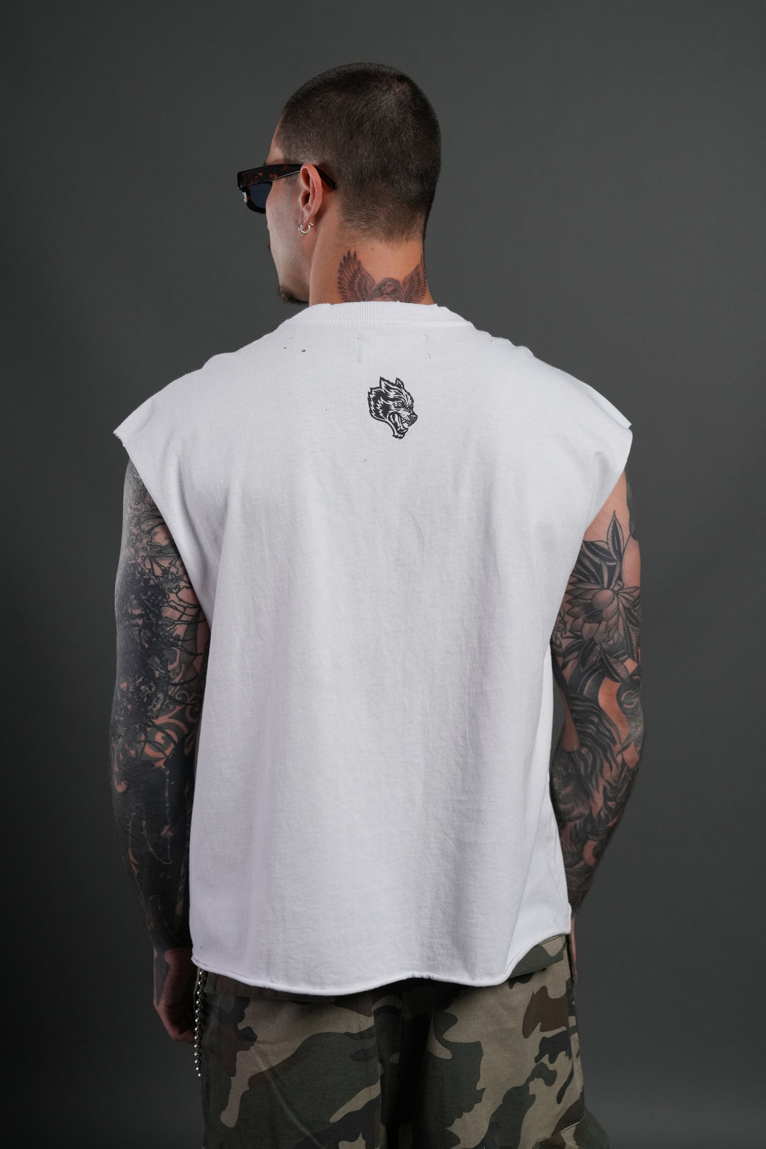 Hell is Real Distressed Grunge Mid-Length Raw Hem Muscle Tee in White
