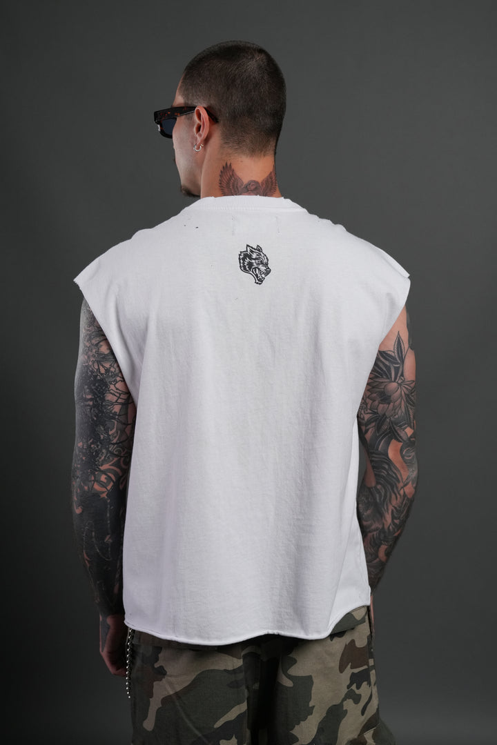 Hell is Real Distressed Grunge Mid-Length Raw Hem Muscle Tee in White