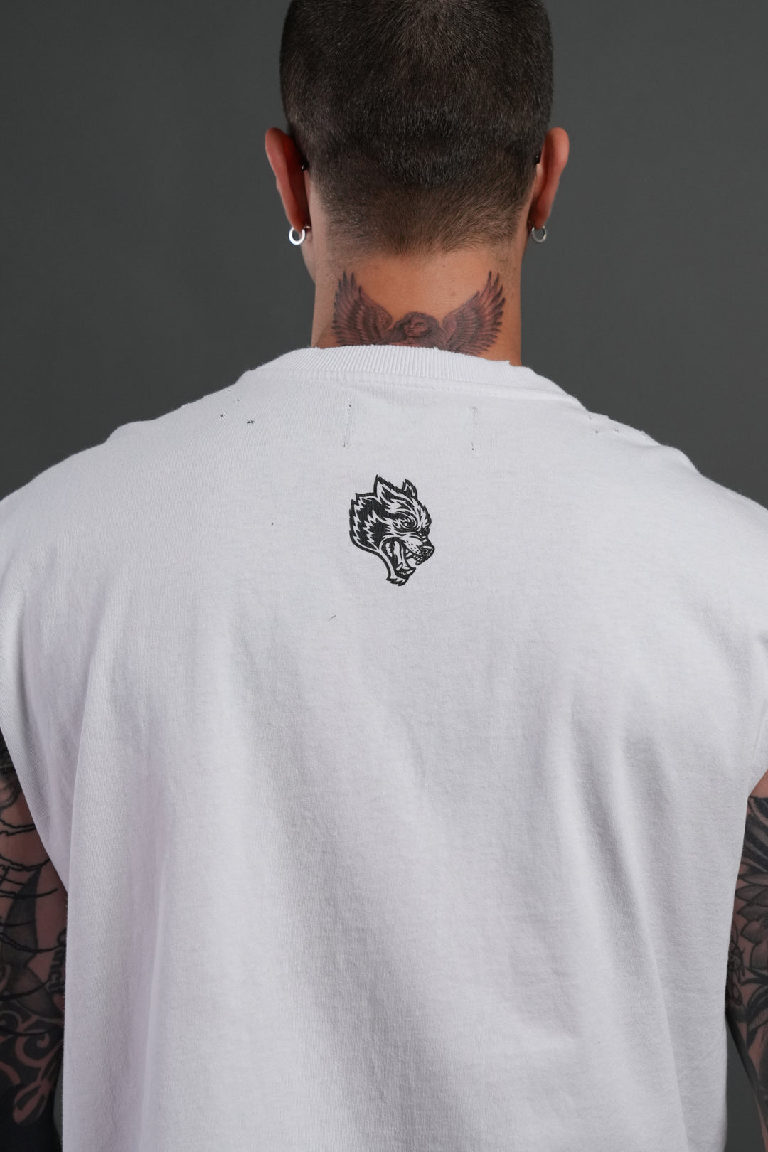 Hell is Real Distressed Grunge Mid-Length Raw Hem Muscle Tee in White