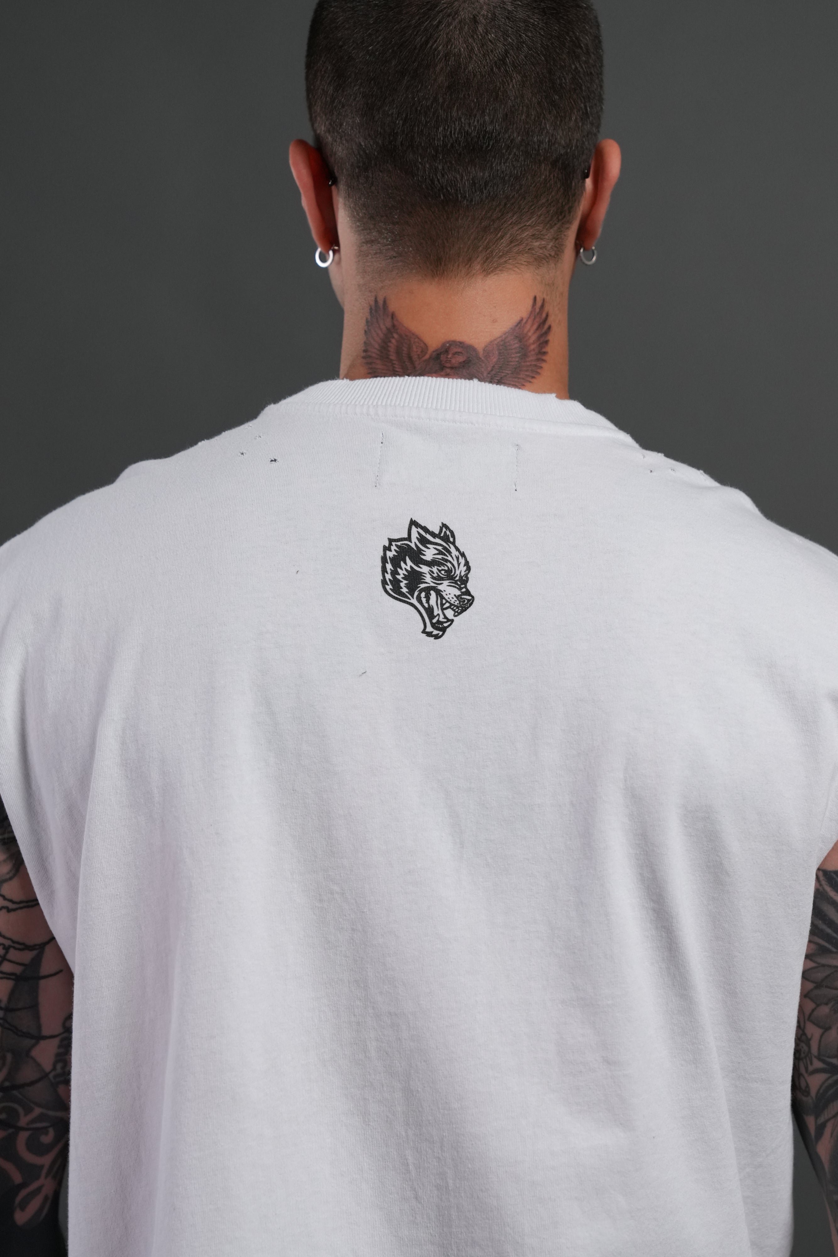 Hell is Real Distressed Grunge Mid-Length Raw Hem Muscle Tee in White