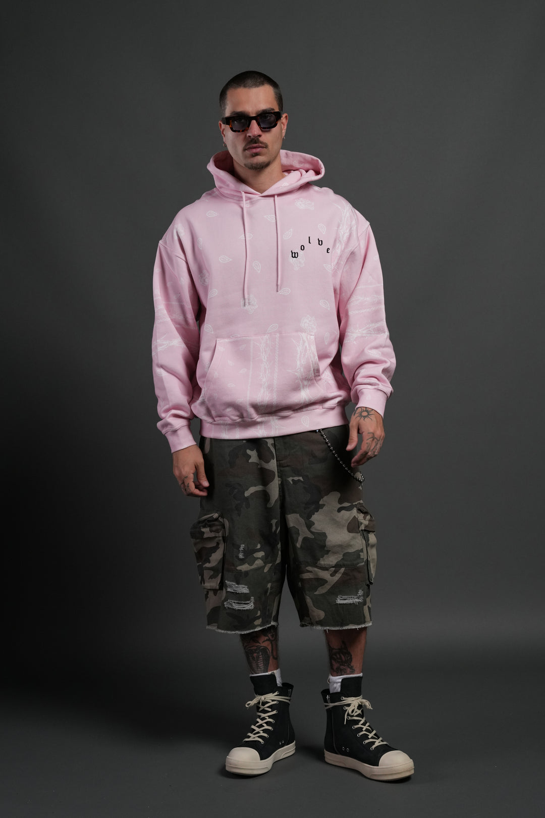 Wolves Pyramid "Bishop" Hoodie in Blush Pink Thorn Paisley