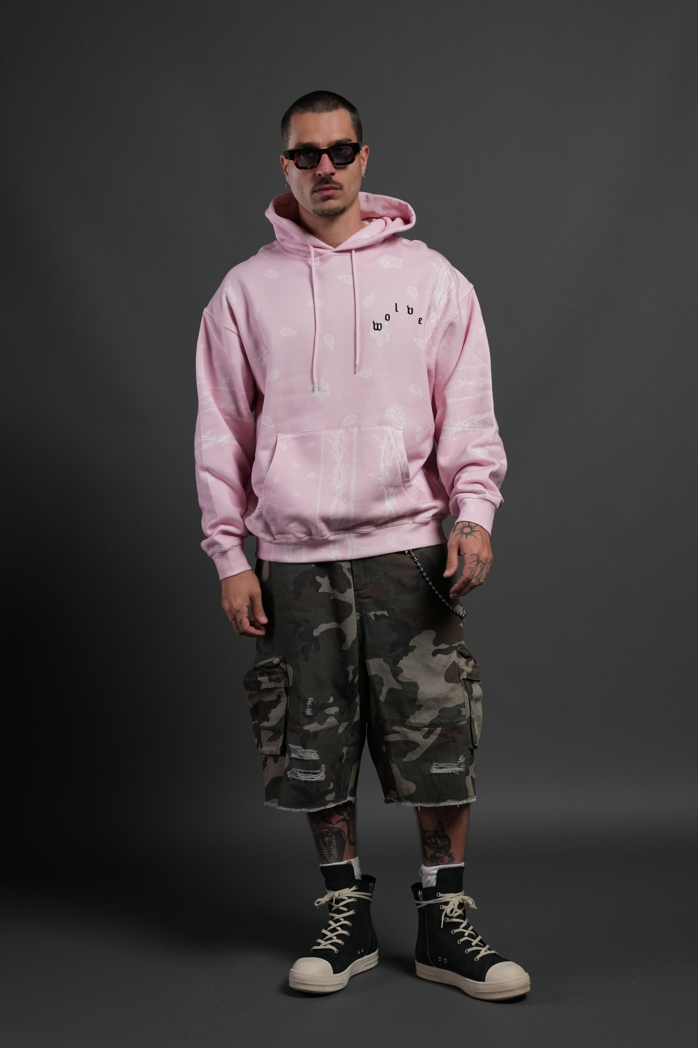 Wolves Pyramid "Bishop" Hoodie in Blush Pink Thorn Paisley