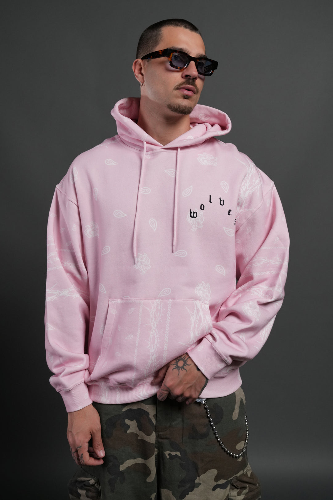 Wolves Pyramid "Bishop" Hoodie in Blush Pink Thorn Paisley
