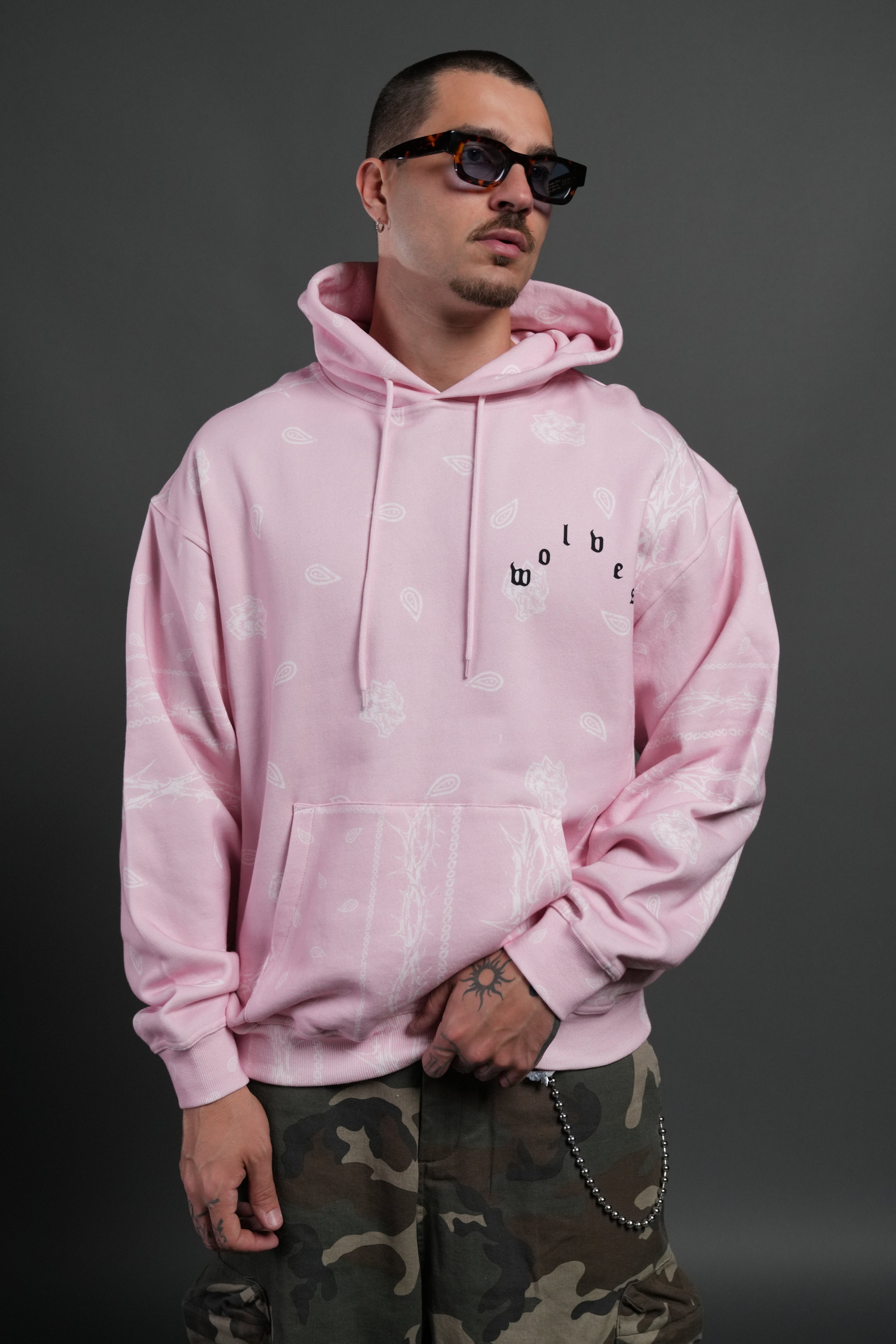 Wolves Pyramid "Bishop" Hoodie in Blush Pink Thorn Paisley