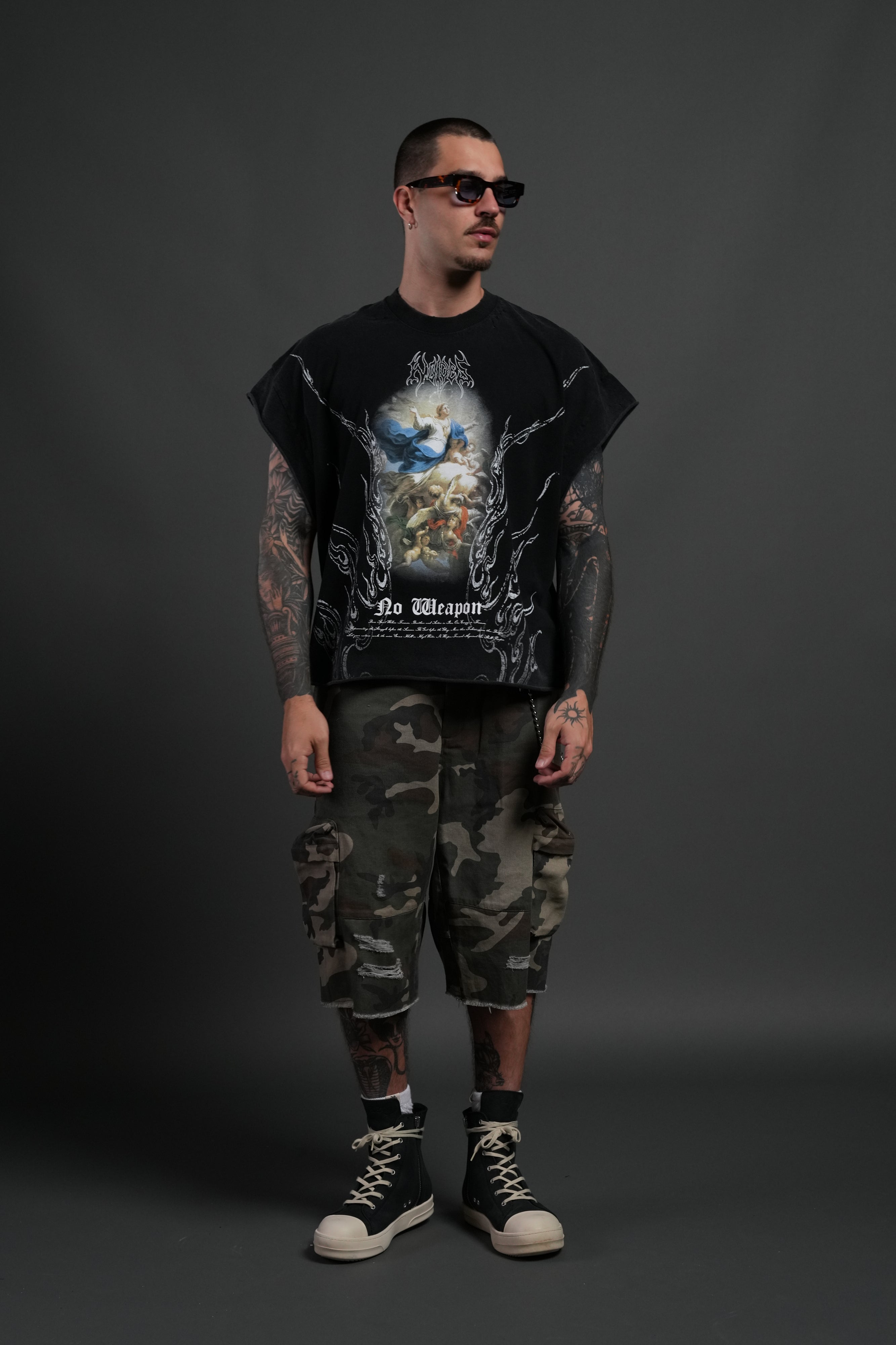 Rise Above Distressed Grunge Cut-Off Tee in Black