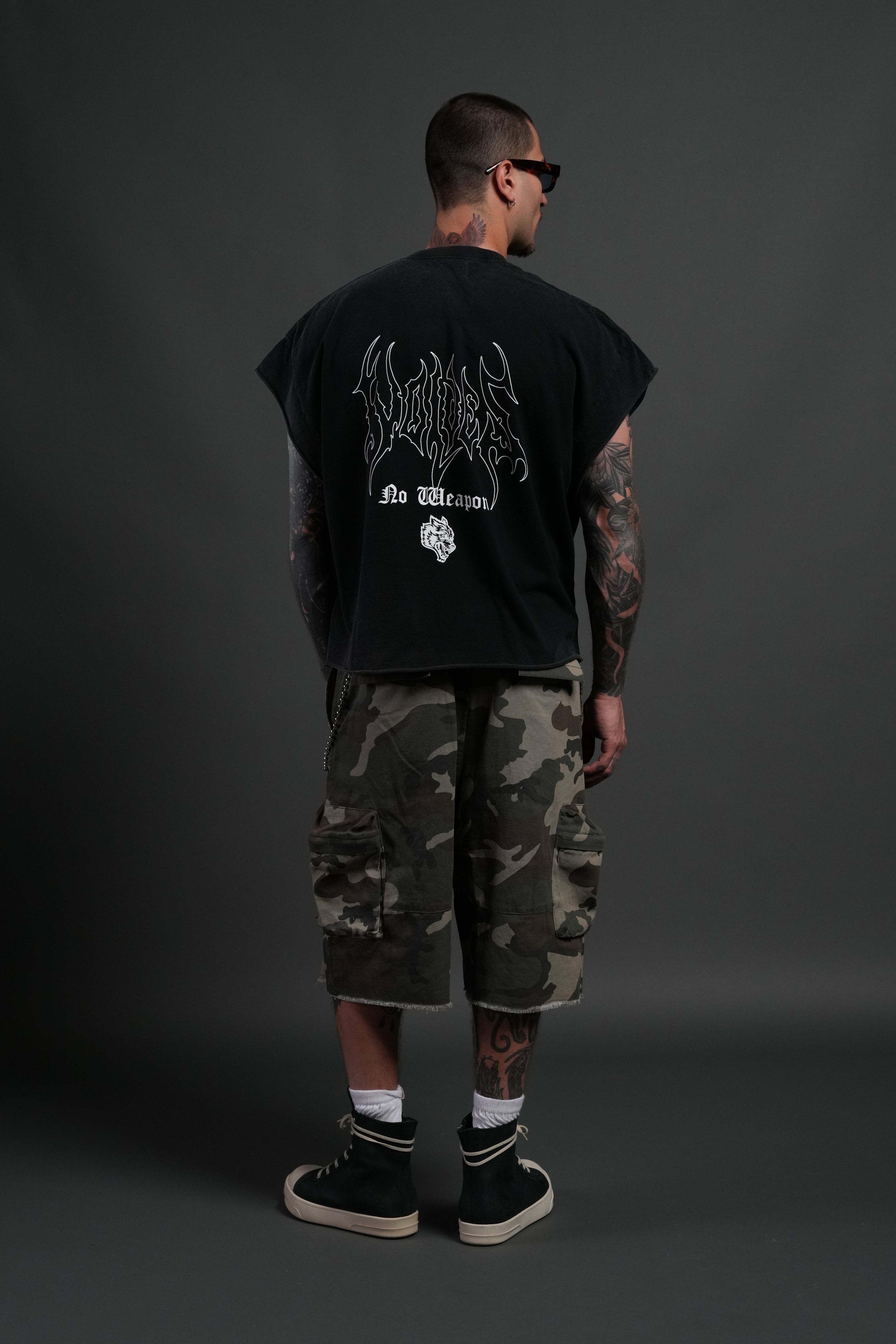 Rise Above Distressed Grunge Cut-Off Tee in Black