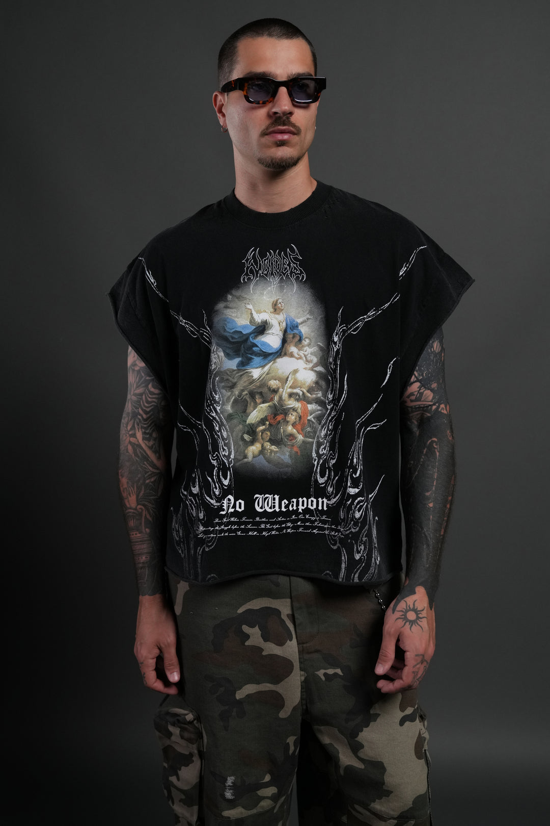 Rise Above Distressed Grunge Cut-Off Tee in Black