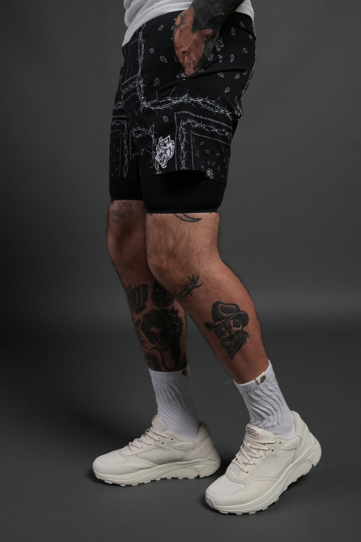 Dual Compression Shorts in Black/White Thorn Paisley