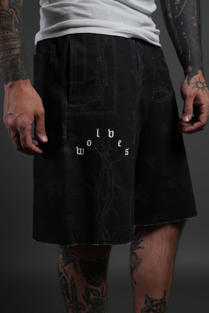 Wolves Pyramid Grunge Oversized Raw Hem Post Lounge Sweat Shorts in Black Thorn Paisley