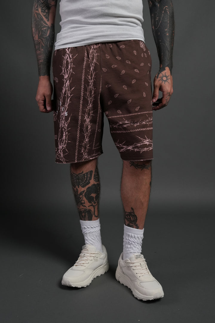 Wolves Pyramid Grunge Oversized Raw Hem Post Lounge Sweat Shorts in Desert Dust Thorn Paisley