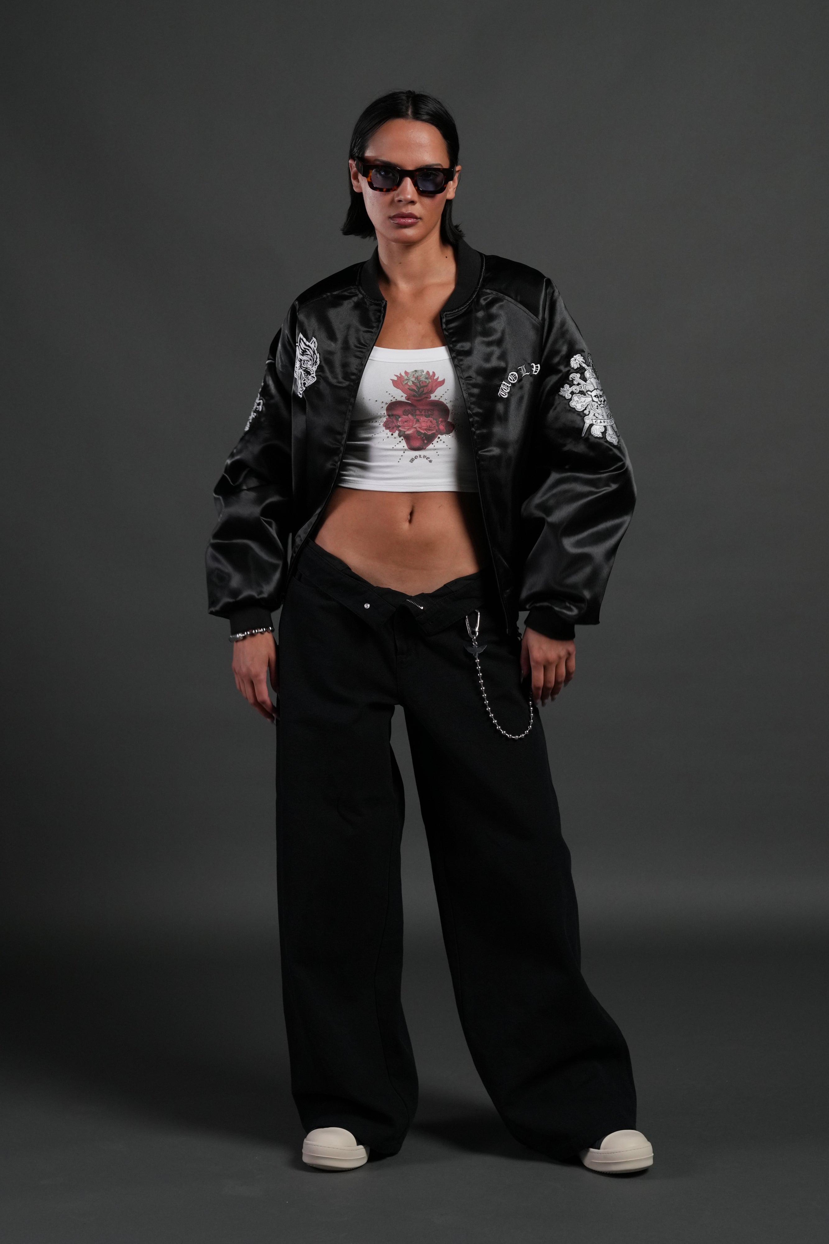 Last Love Unisex Cropped Satin Bomber Jacket in Black