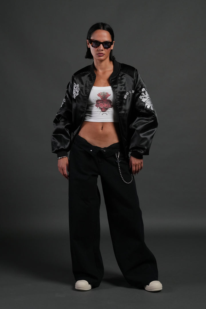 Last Love Unisex Cropped Satin Bomber Jacket in Black