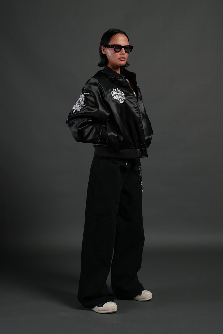 Last Love Unisex Cropped Satin Bomber Jacket in Black