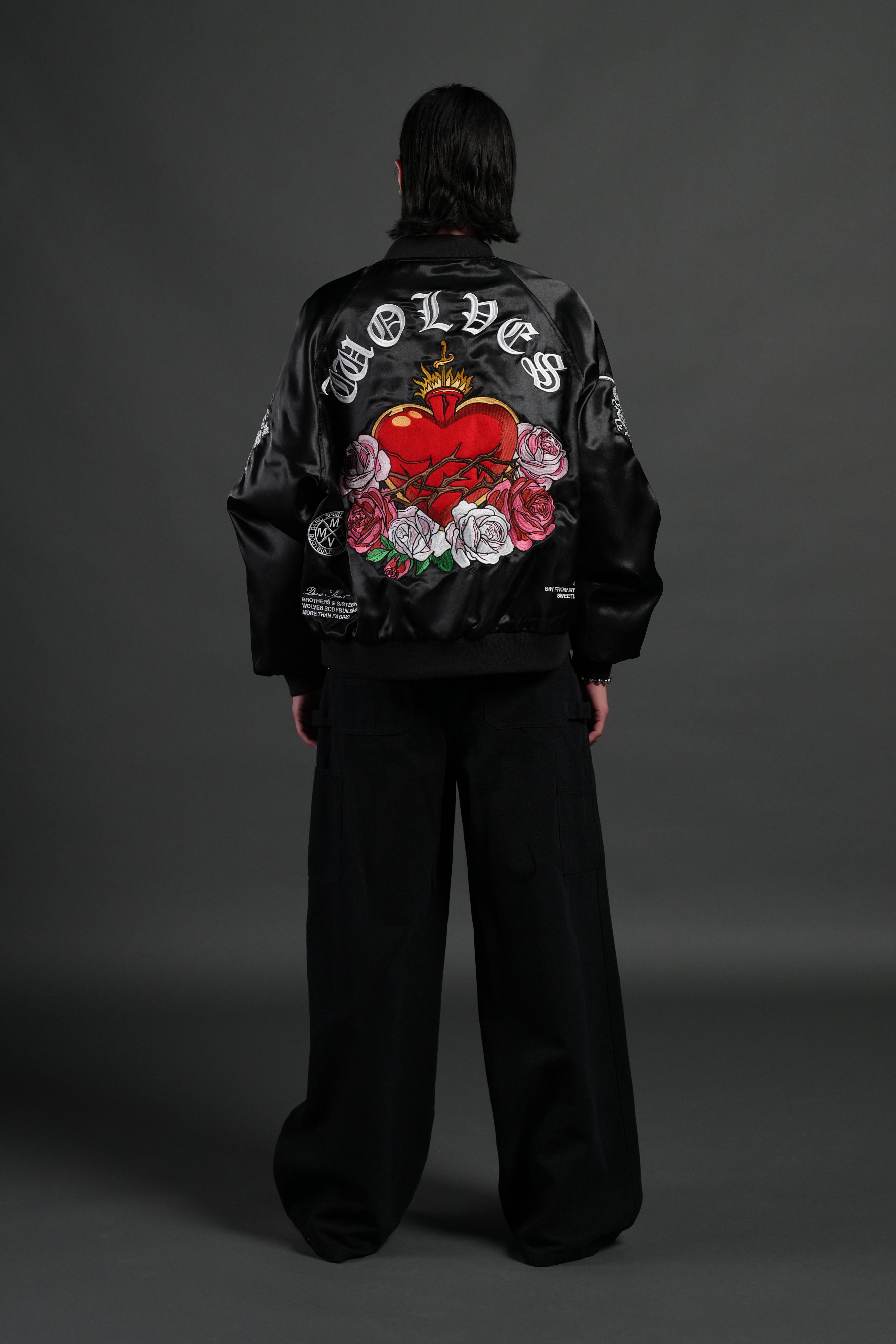 Last Love Unisex Cropped Satin Bomber Jacket in Black